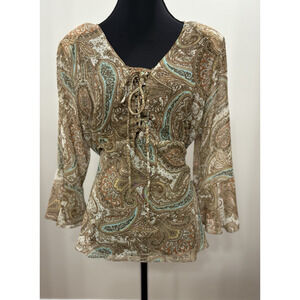 Y2K 2000s‎ Top Large XL Brown Teal Paisley Fairy Camisole Sheer Boho V Neck